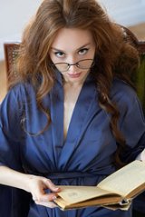 Alice Mido With Glasses - Silk Robe Opening