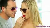 Busty boyfriend is enjoying passionate closeness with this sensational blonde. He is pushing his penis deep into her mouth and sweet kitty.