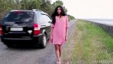 Meet lovely babe having dark hair and wearing sexy pink dress. She is demonstrating her great striptease skills in the street with pleasure.
