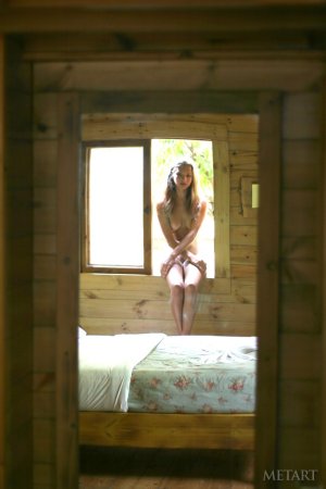 Brunette is nude in a wooden cabin photo 11