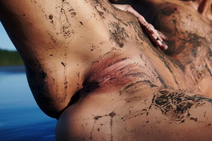 Blondie rubs herself with sand at the seaside. photo 14