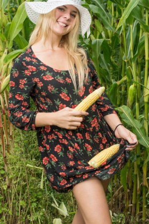 Horny babe rubs pussy with corn in the field photo 17