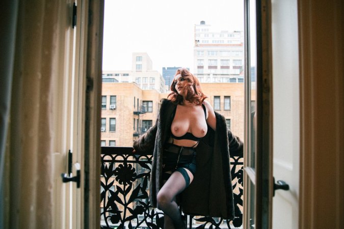 Skye Blue in black lingerie and fur coat photo 4