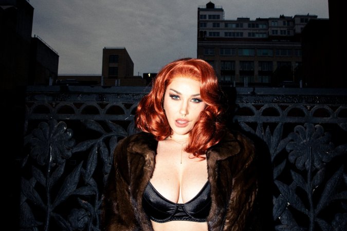 Skye Blue in black lingerie and fur coat photo 13